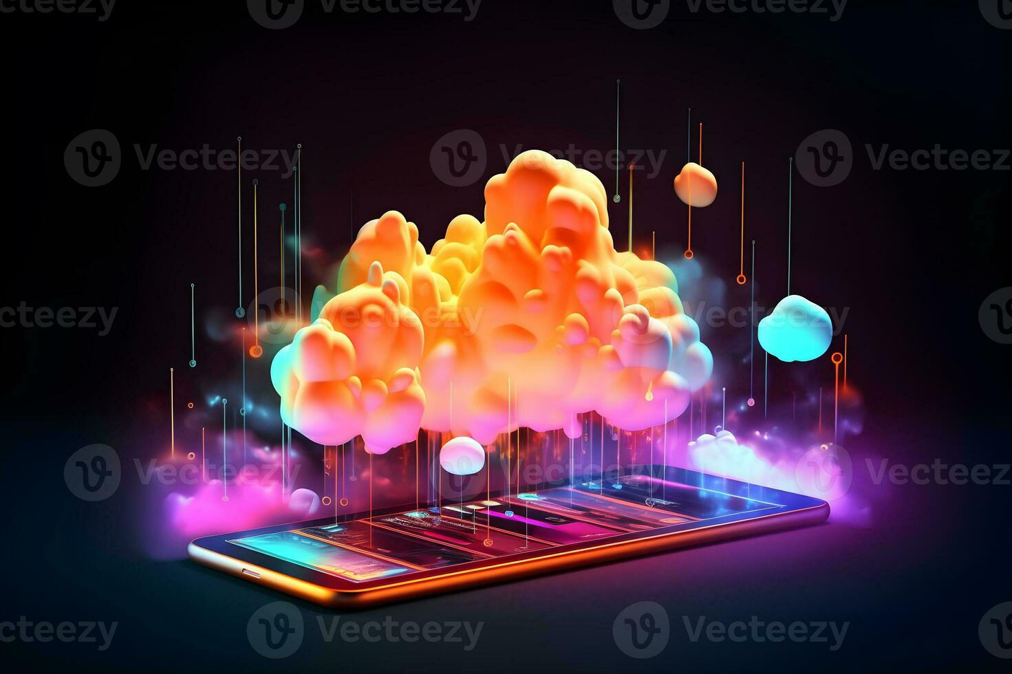 Glowing neon cloud computing in 3d on smartphone. Cloud network connecting and online data storage. Data Internet service in futuristic technology and innovation. Generative AI. photo