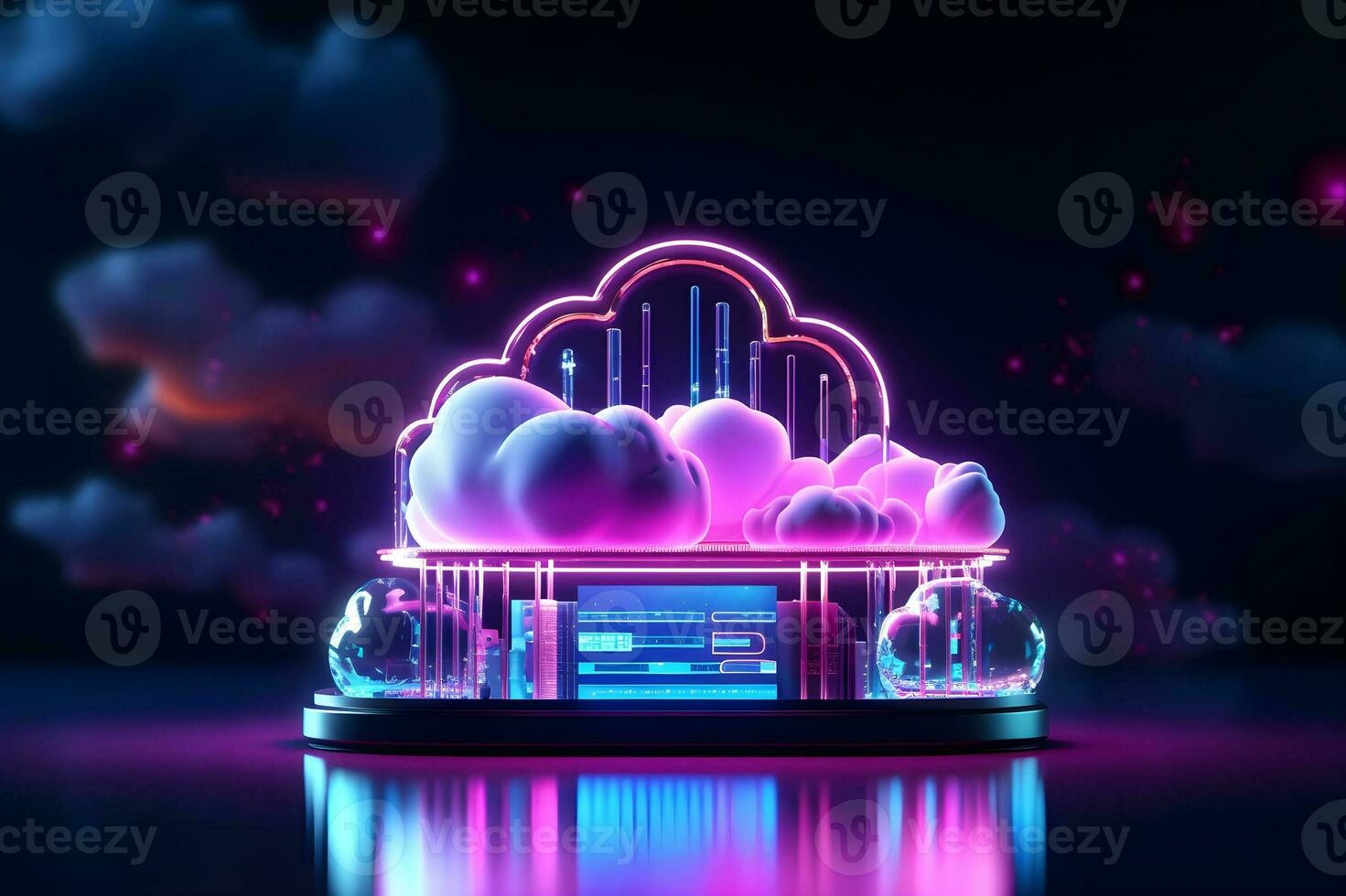 Glowing neon cloud computing in 3d on smartphone. Cloud network connecting and online data storage. Data Internet service in futuristic technology and innovation. Generative AI. photo
