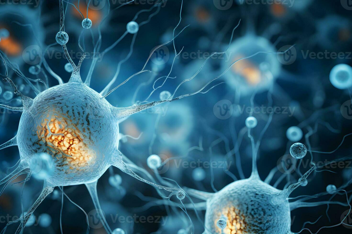 Microscopic of Neuron brain cell network. Interconnected nerve cells with electrical pulses. Glowing synapse. Healthcare concept. Generative AI. photo