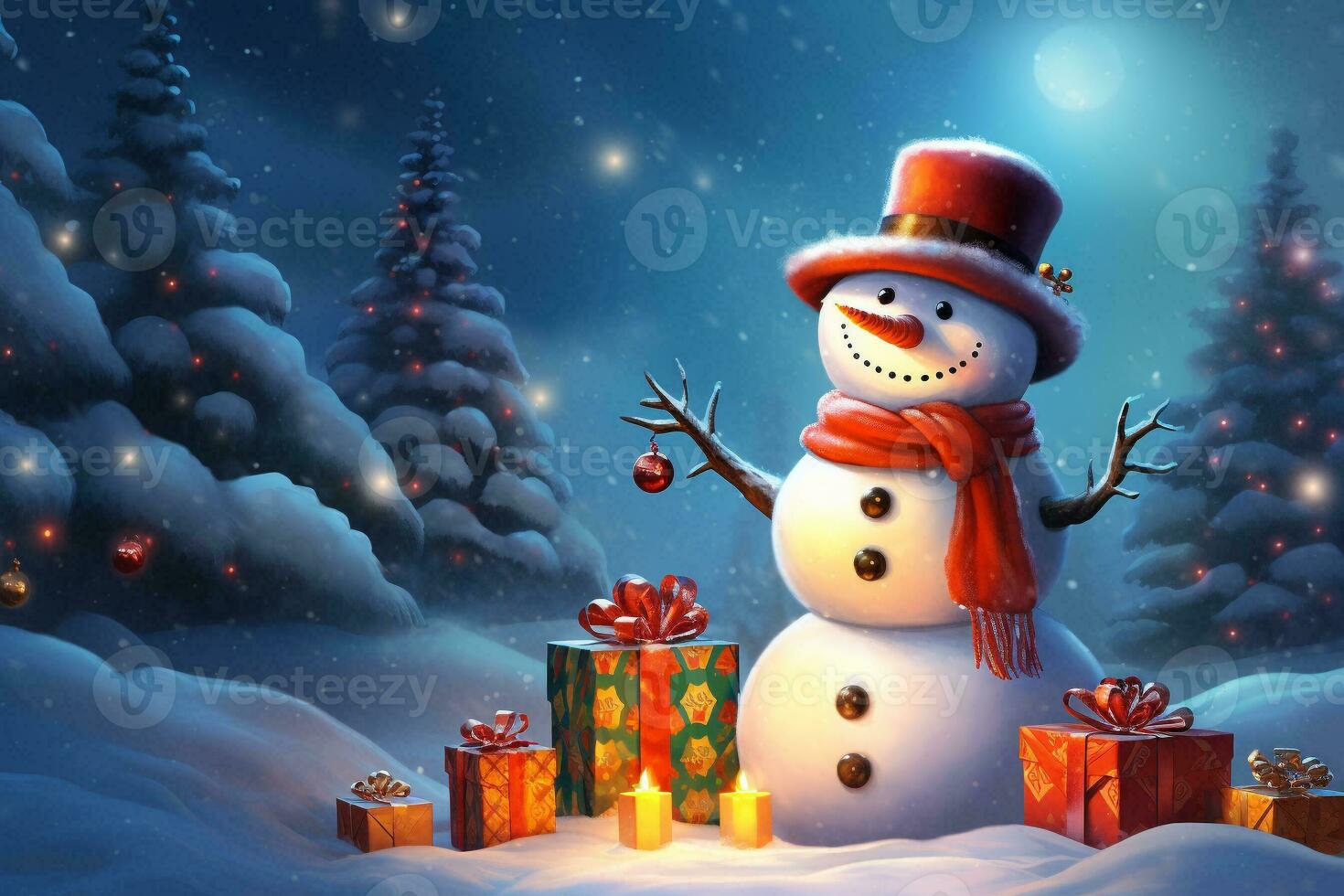 Snowman and Christmas tree decorate with gift boxes in winter background. Holiday digital illustration for design card, poster or banner in Christmas festival. Generative AI. photo