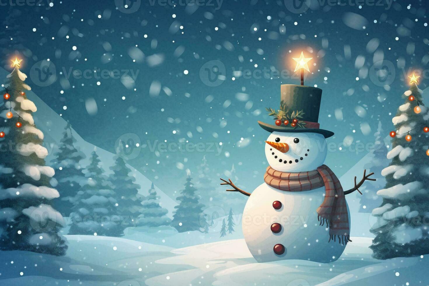 Snowman and Christmas tree in winter background. Holiday digital illustration for design card, poster or banner in Christmas festival. Generative AI. photo