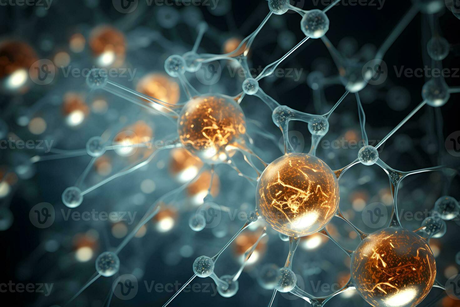 Microscopic of Neuron brain cell network. Interconnected nerve cells with electrical pulses. Glowing synapse. Healthcare concept. Generative AI. photo