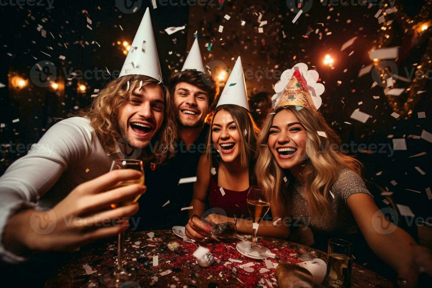 grupo de contento joven personas celebrando a nuevo año fiesta. adolescente amistades teniendo divertido con papel picado y champán a el noche fiesta juntos. generativo ai. foto