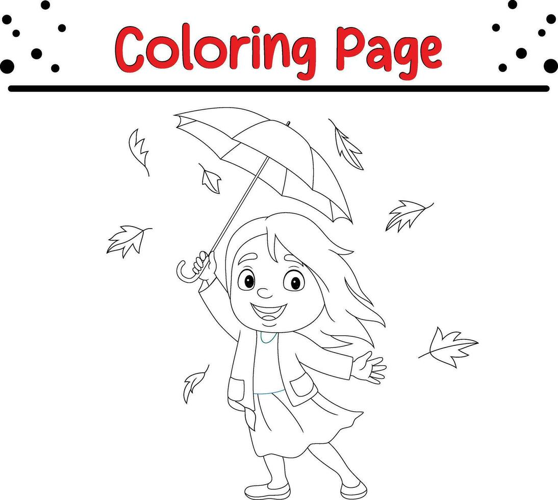 Thanksgiving coloring page for kids. Vector cartoon Children throwing autumn leaves