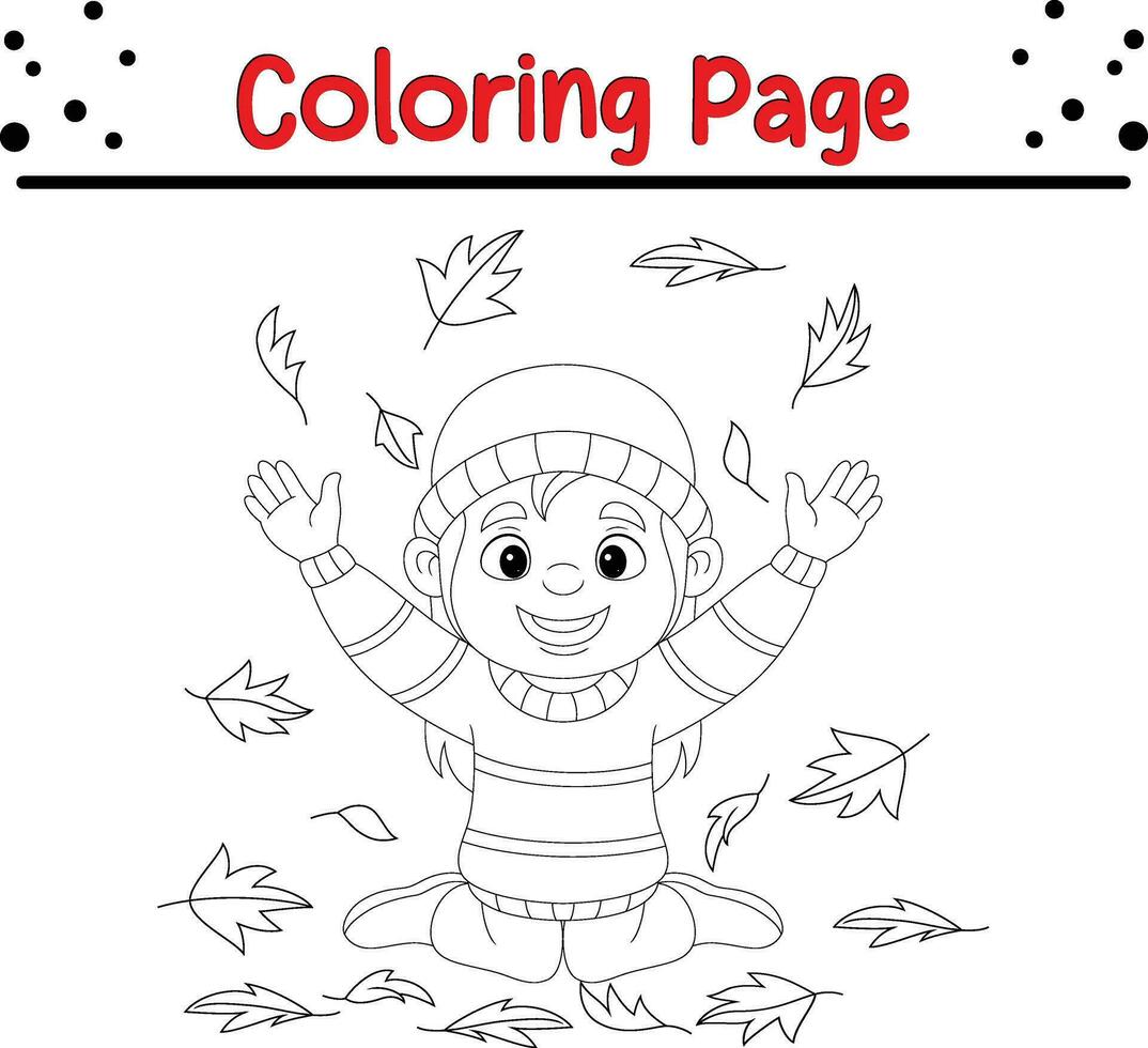 Thanksgiving coloring page for kids. Vector cartoon Children throwing autumn leaves