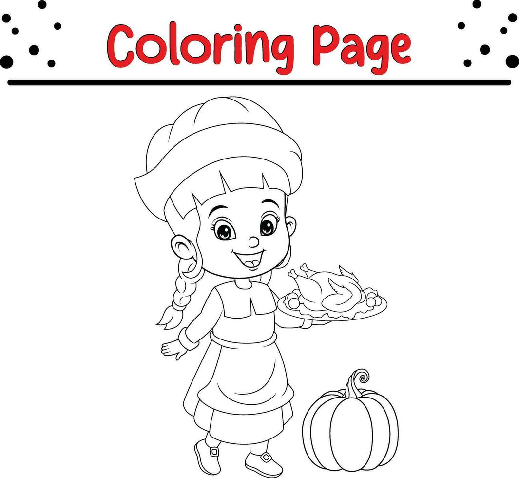 Happy Thanksgiving day carton character coloring page. Vector black and white thanksgiving coloring book.