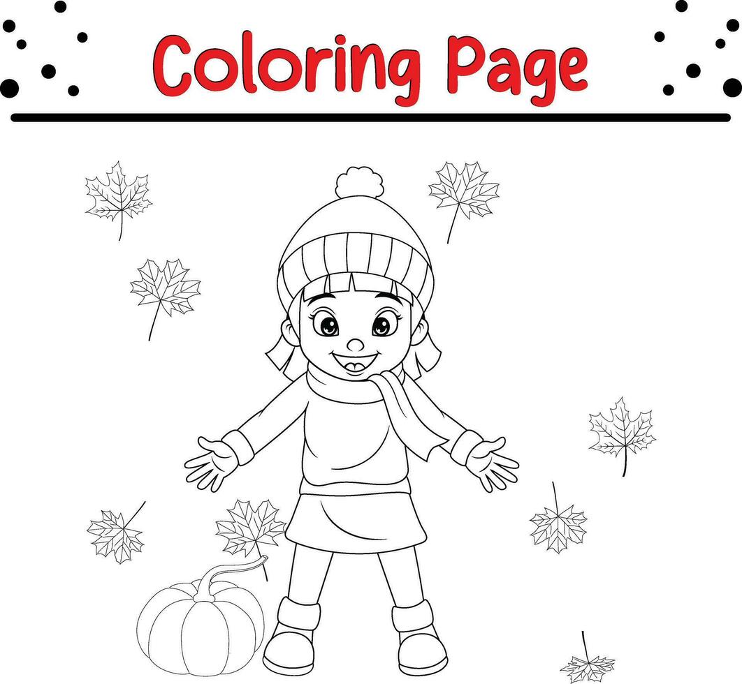 Thanksgiving coloring page for kids. Vector cartoon Children throwing autumn leaves