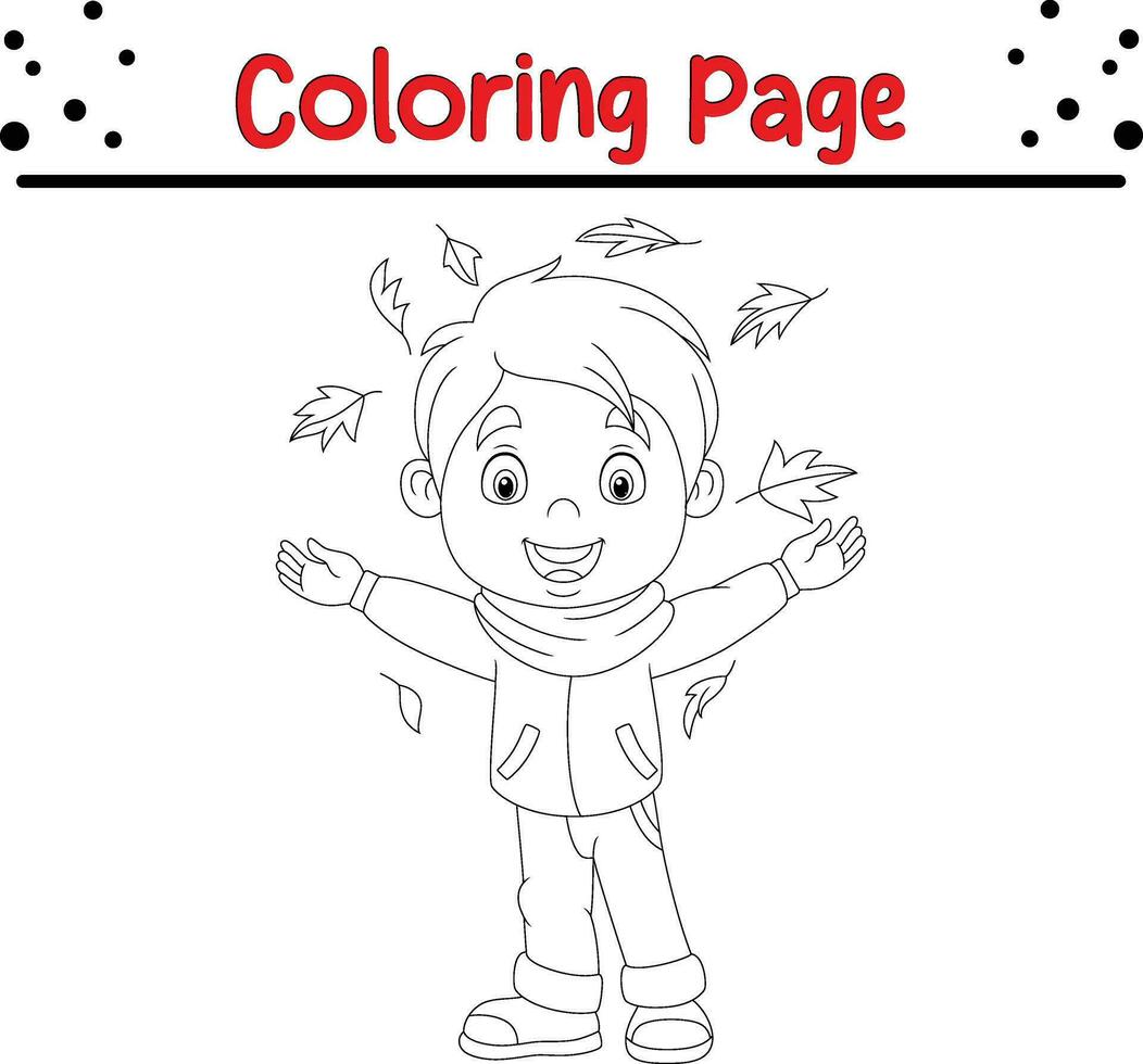 Thanksgiving coloring page for kids. Vector cartoon Children throwing autumn leaves