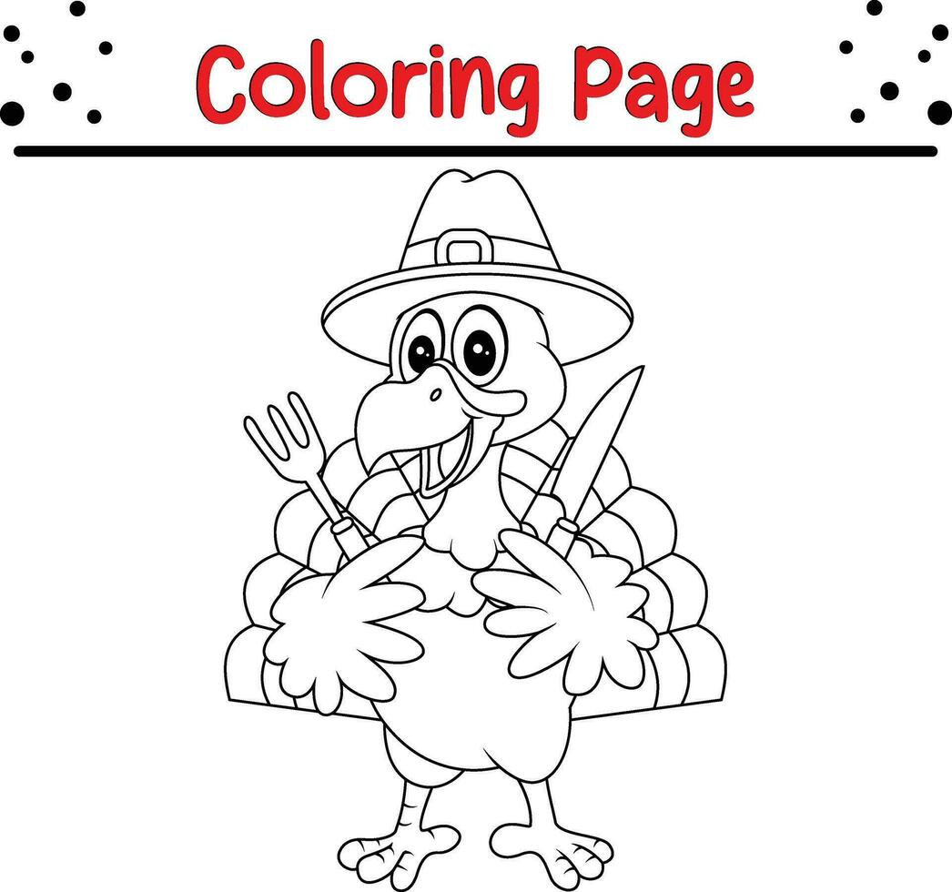 Thanksgiving coloring page. Black and White Cartoon Vector Illustration of Funny Turkey