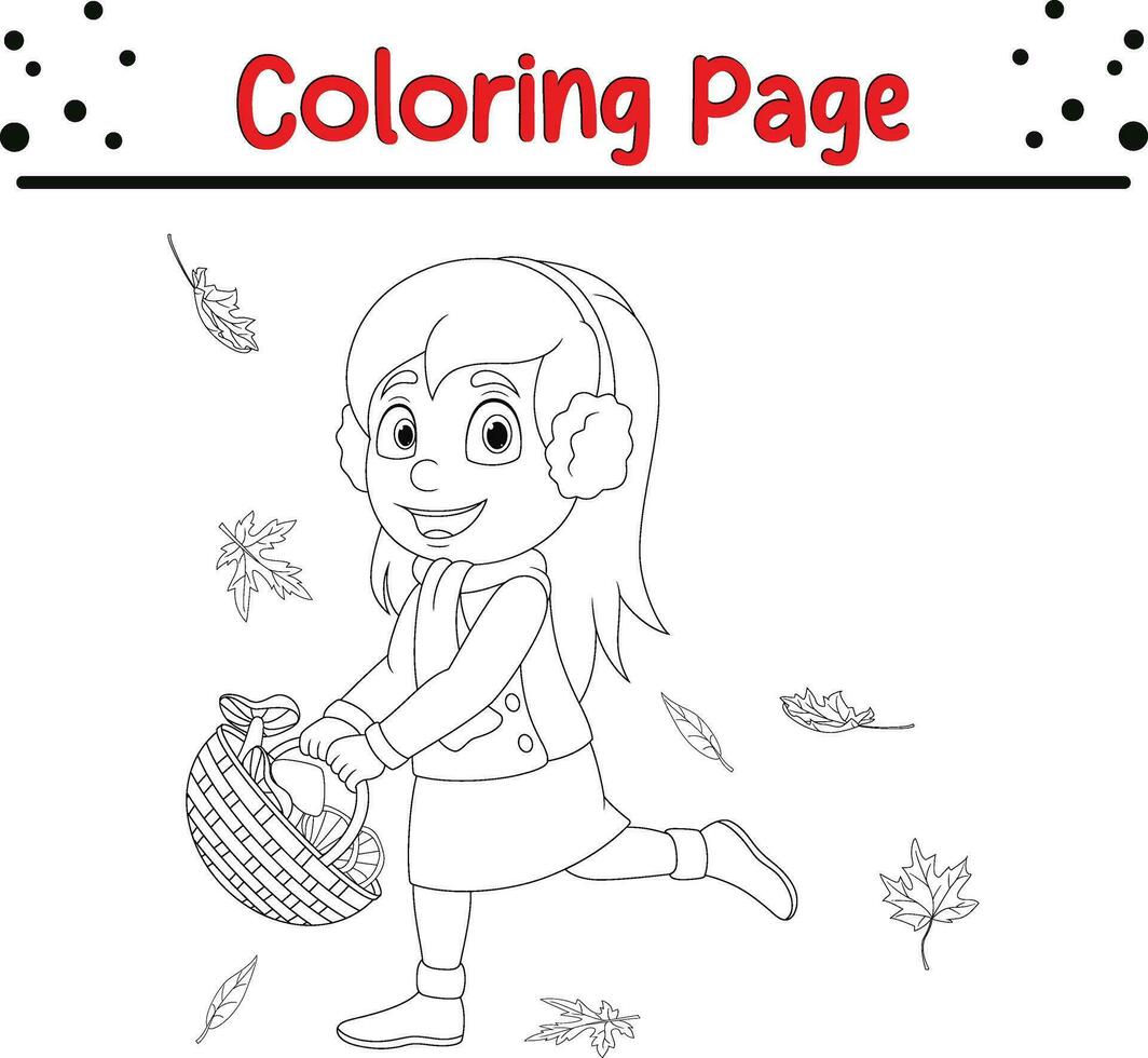 Thanksgiving coloring page for kids. Vector cartoon Children throwing autumn leaves