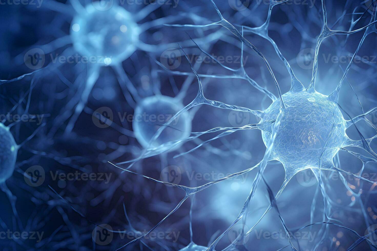 Microscopic of Neuron brain cell network. Interconnected nerve cells with electrical pulses. Glowing synapse. Healthcare concept. Generative AI. photo