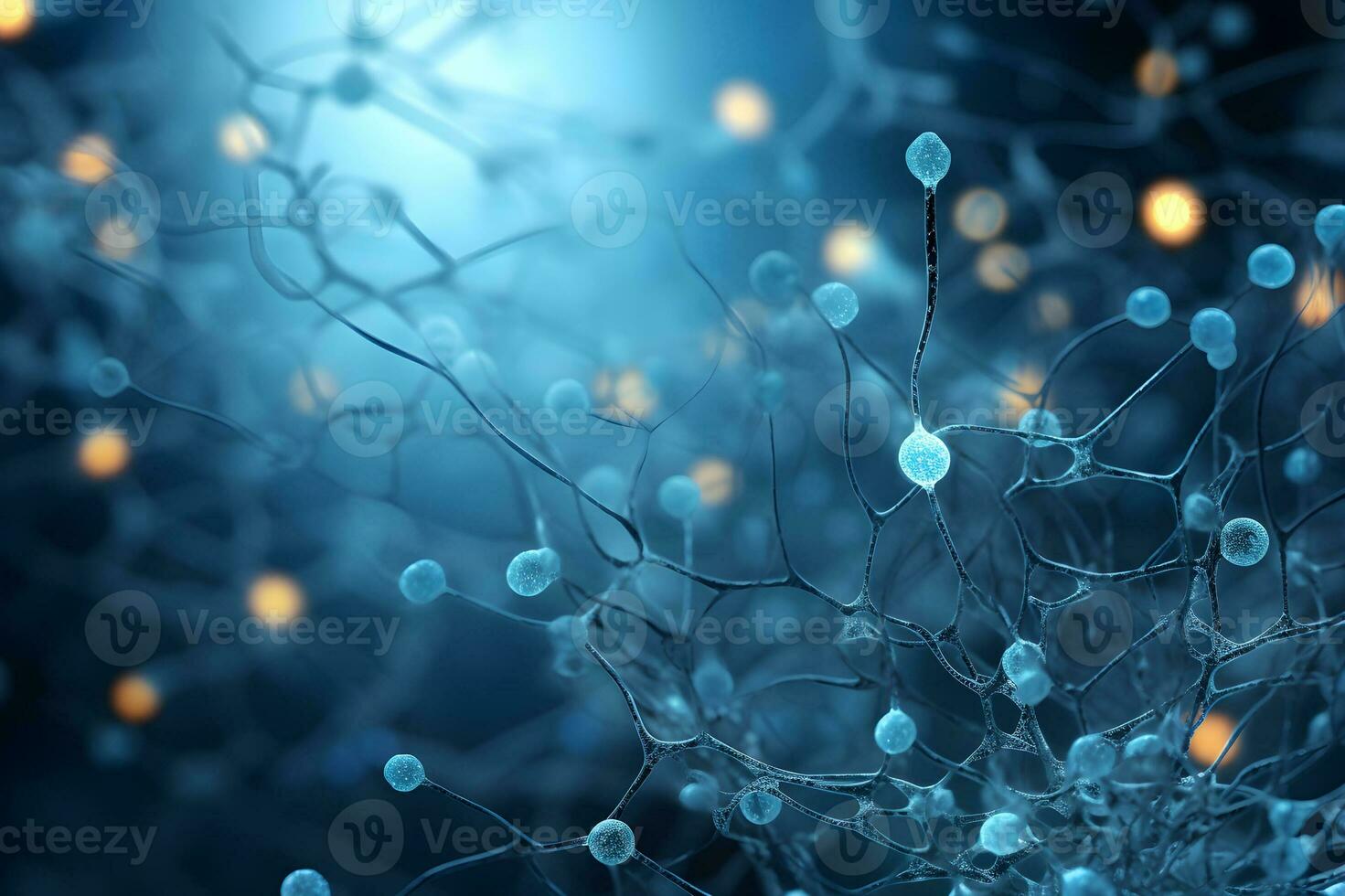 Microscopic of Neuron brain cell network. Interconnected nerve cells with electrical pulses. Glowing synapse. Healthcare concept. Generative AI. photo