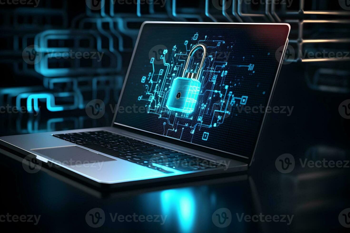Cyber data online security concept. Digital padlock on laptop screen. Cyber security and data protection in futuristic technology. Generative AI. photo