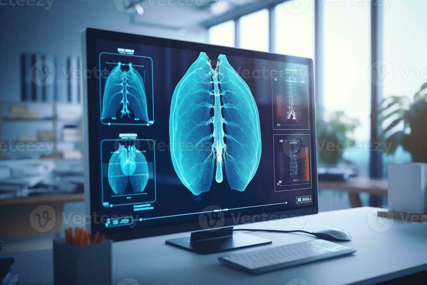 Lung x-ray picture of patient on computer screen in a hospital laboratory. Medical and technology concept. Generative AI. photo