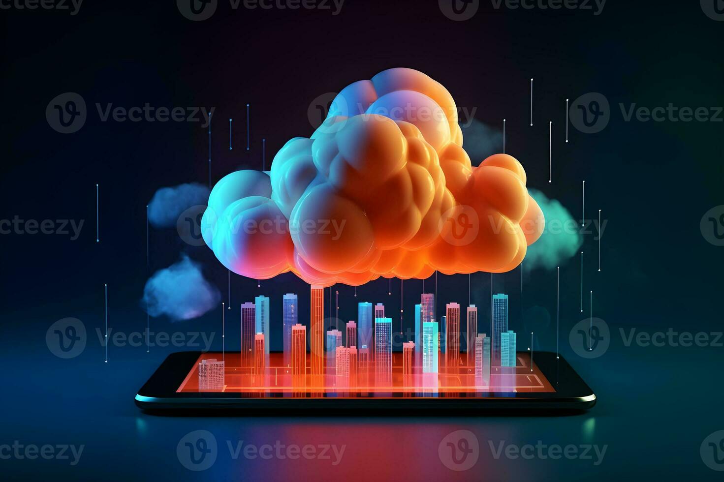 Glowing neon cloud computing in 3d on smartphone. Cloud network connecting and online data storage. Data Internet service in futuristic technology and innovation. Generative AI. photo