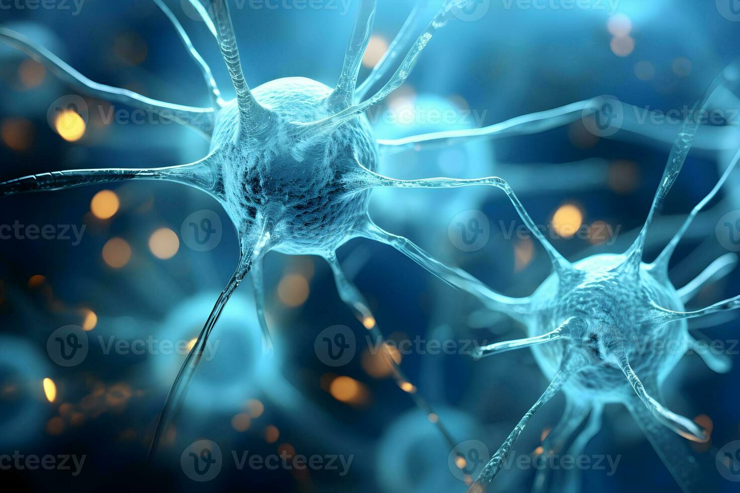 Microscopic of Neuron brain cell network. Interconnected nerve cells with electrical pulses. Glowing synapse. Healthcare concept. Generative AI. photo