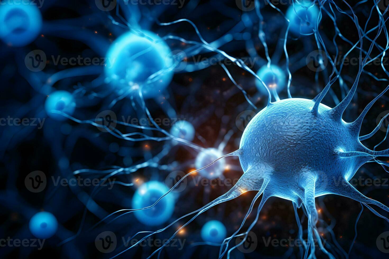 Microscopic of Neuron brain cell network. Interconnected nerve cells with electrical pulses. Glowing synapse. Healthcare concept. Generative AI. photo
