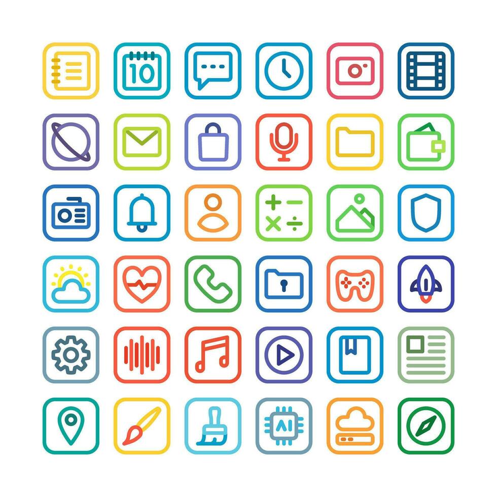 Mobile app icons, in color line style, for user interface, technology, design and communication needs. This includes messages, email, voice recording, weather, music, multimedia, games and others. vector