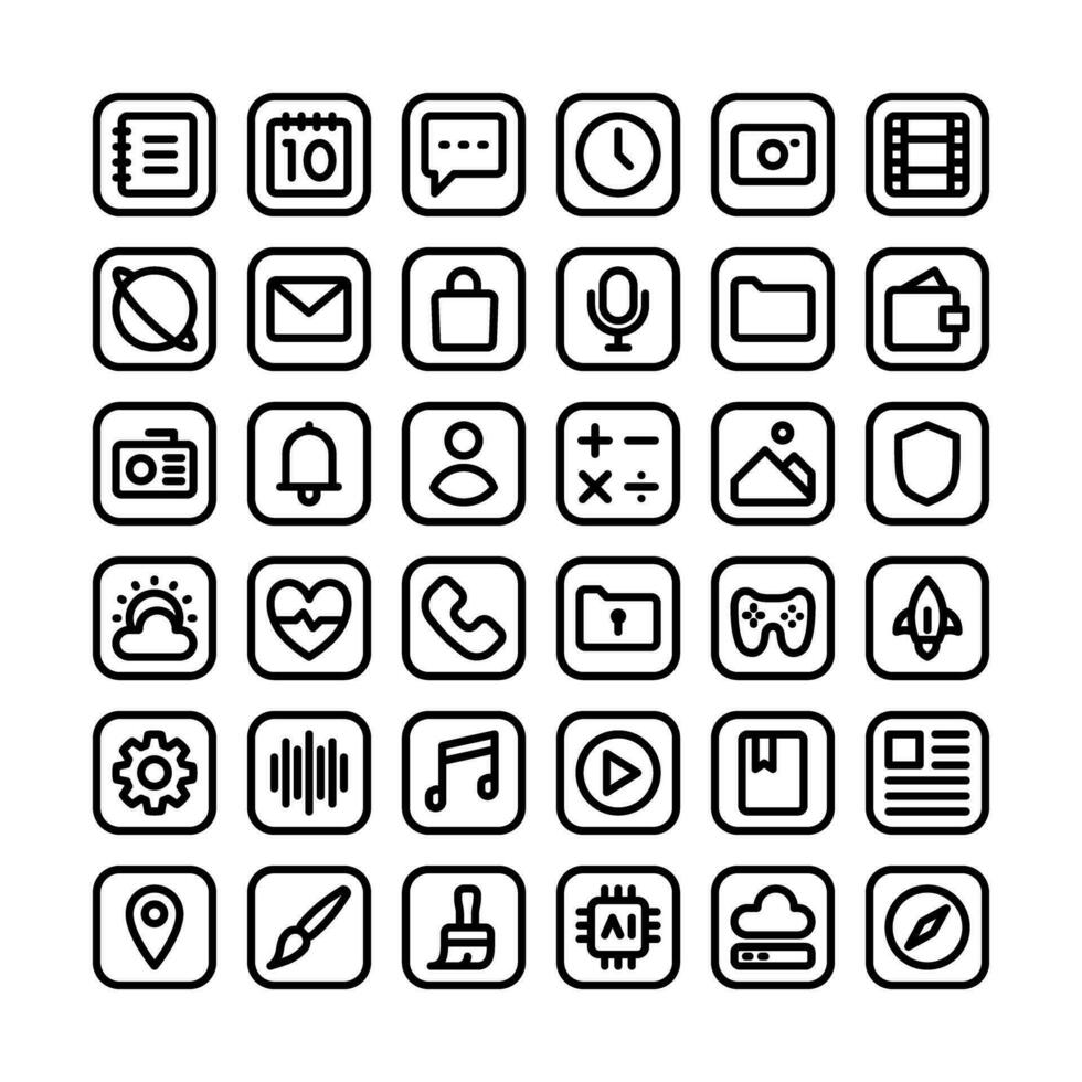 Mobile app icons, in line style, for user interface, technology, design and communication needs. This includes messages, email, voice recording, weather, music, multimedia, games and others. vector