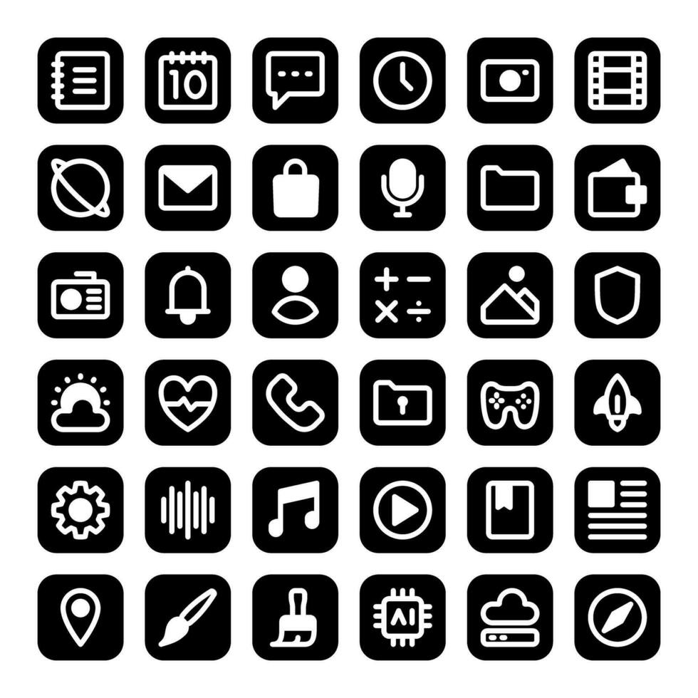 Mobile app icons, in glyph style, for user interface, technology, design and communication needs. This includes messages, email, voice recording, weather, music, multimedia, games and others. vector