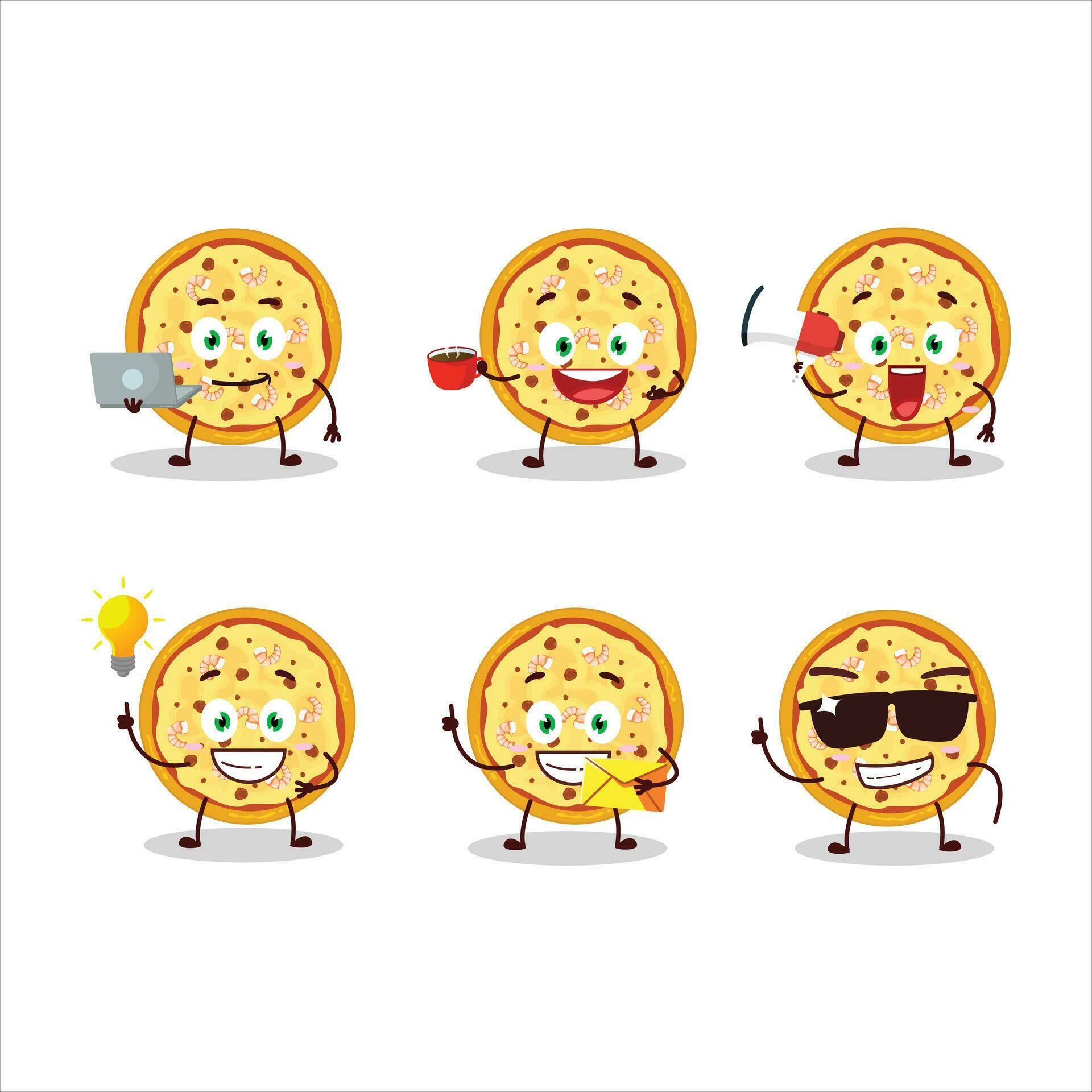 Marinara pizza cartoon character with various types of business