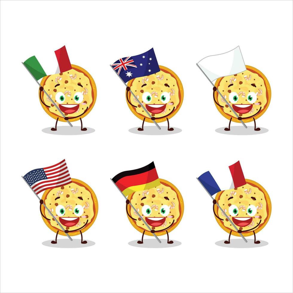 Marinara pizza cartoon character bring the flags of various countries vector