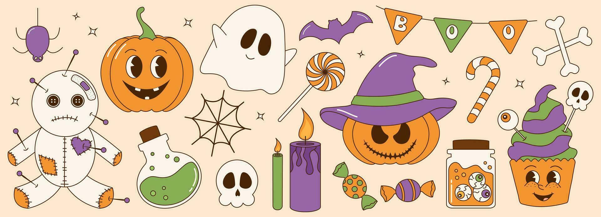 Groovy retro halloween sticker set. Trendy retro cartoon style. Comic cartoon characters and halloween elements. vector