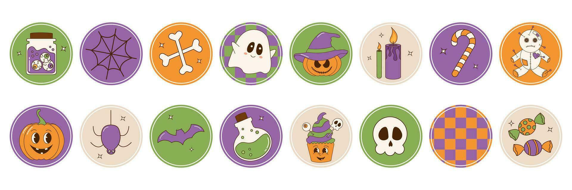Groovy halloween autumn sticker collection with halloween elements. Cartoon characters in trendy retro style, comic mascot characters. vector