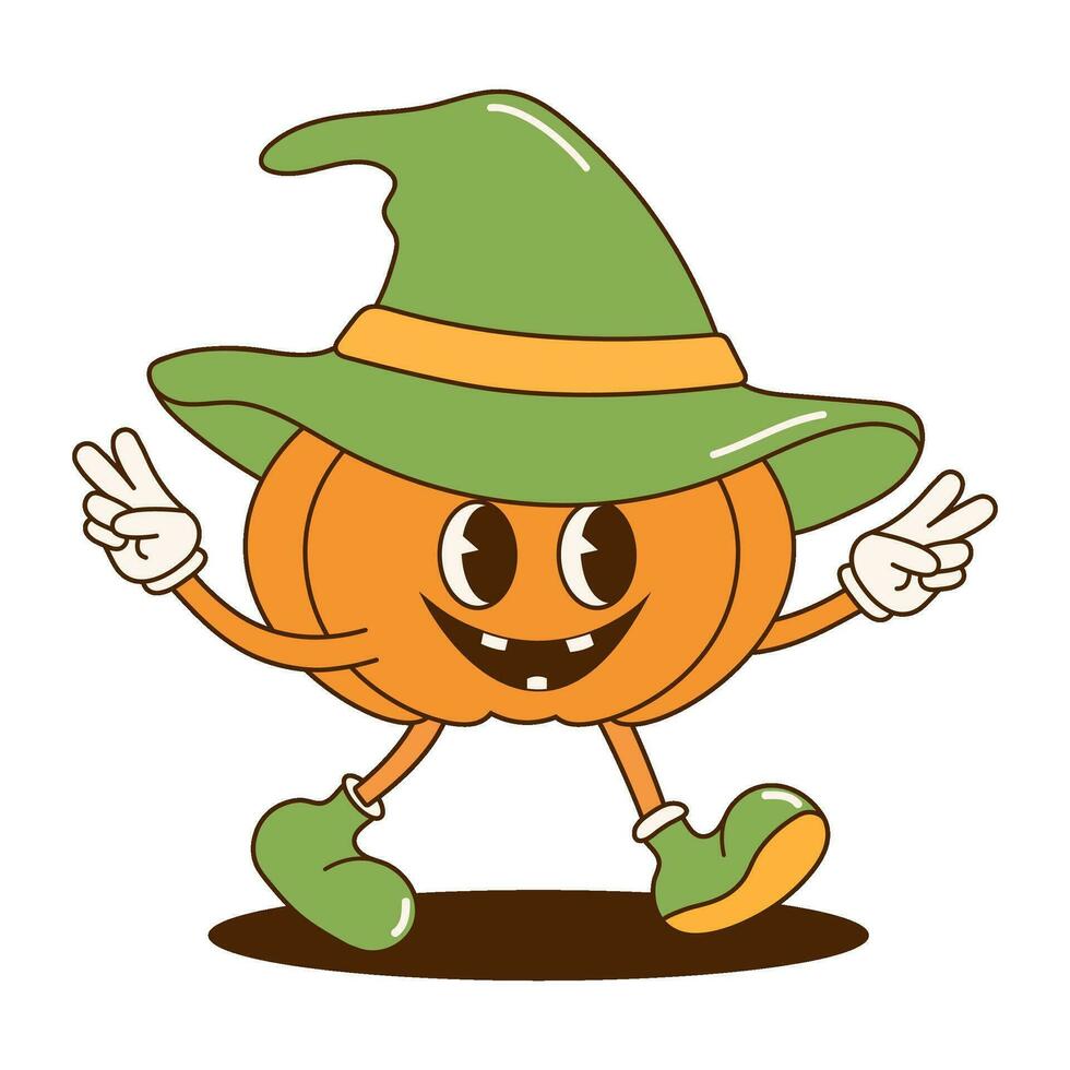 Retro groovy cute halloween pumpkin sticker. Cartoon character in trendy retro style. vector