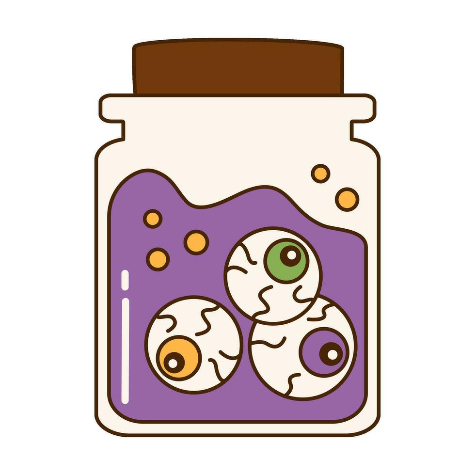 Groovy halloween sticker. Retro cartoon style. Jar with eyeballs vector