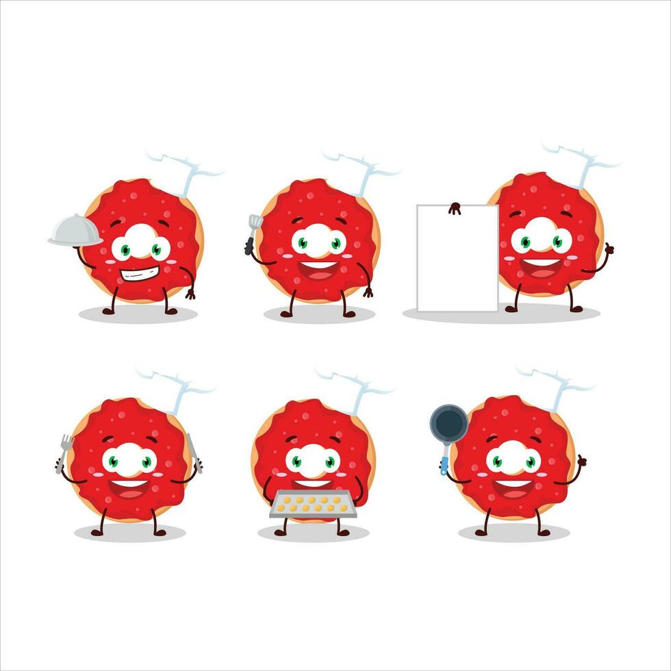 dibujos animados personaje de frambuesa rosquilla con varios cocinero emoticones vector