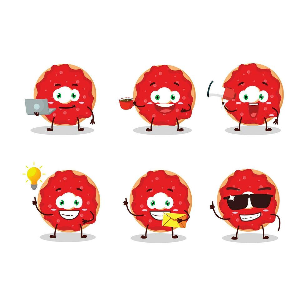 Raspberry donut cartoon character with various types of business emoticons vector