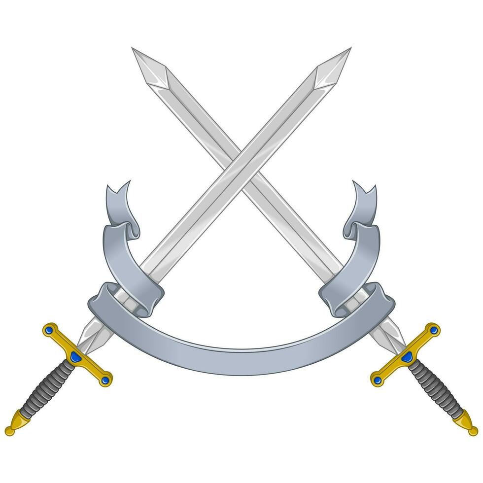 European medieval sword vector design, Medieval swords encircled with heraldic ribbon