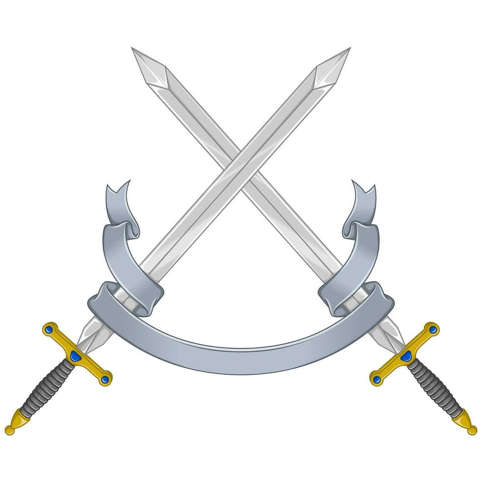 European medieval sword vector design, Medieval swords encircled with heraldic ribbon