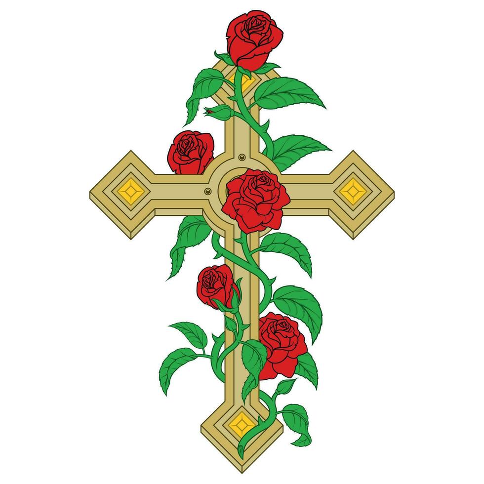 Vector design of Christian cross surrounded by roses, symbol of the