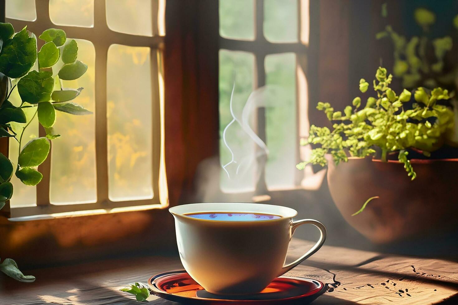 ai generado de cerca ver de un taza de Fresco caliente latté café en el de madera mesa en el Mañana. foto