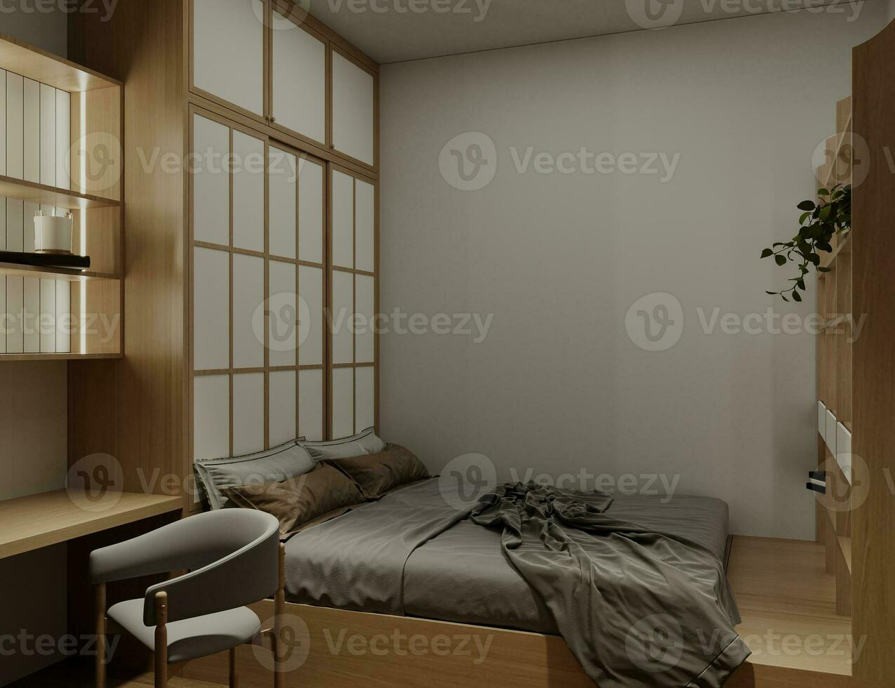 Simple Wooden Furnishings Interior Touches For your Minimizing Bed Room 3D rendering photo