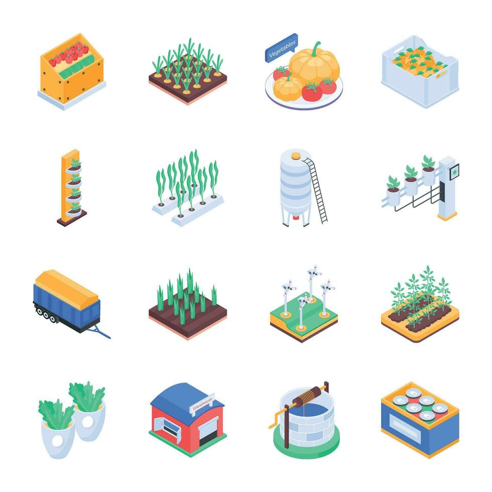 Farm Cultivation and Harvesting Isometric Icons vector