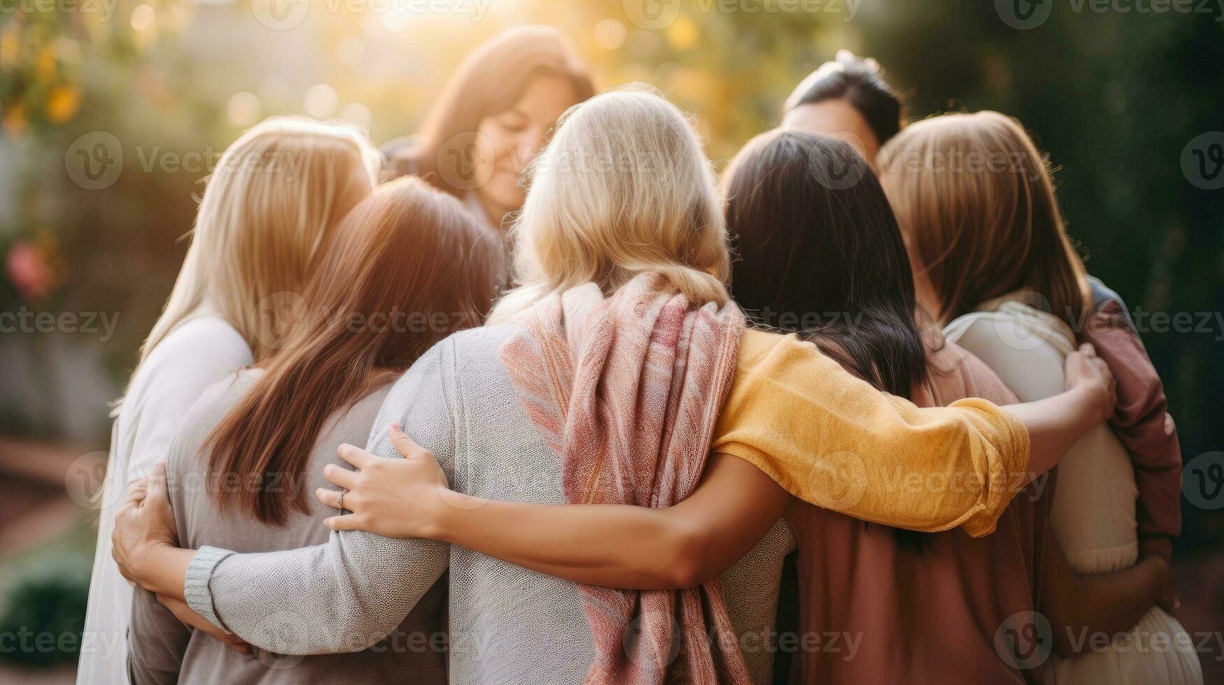 Group of women hugging themselves with love and care as a family, Day for the Elimination of Violence Against Women concept, Generative AI illustration photo