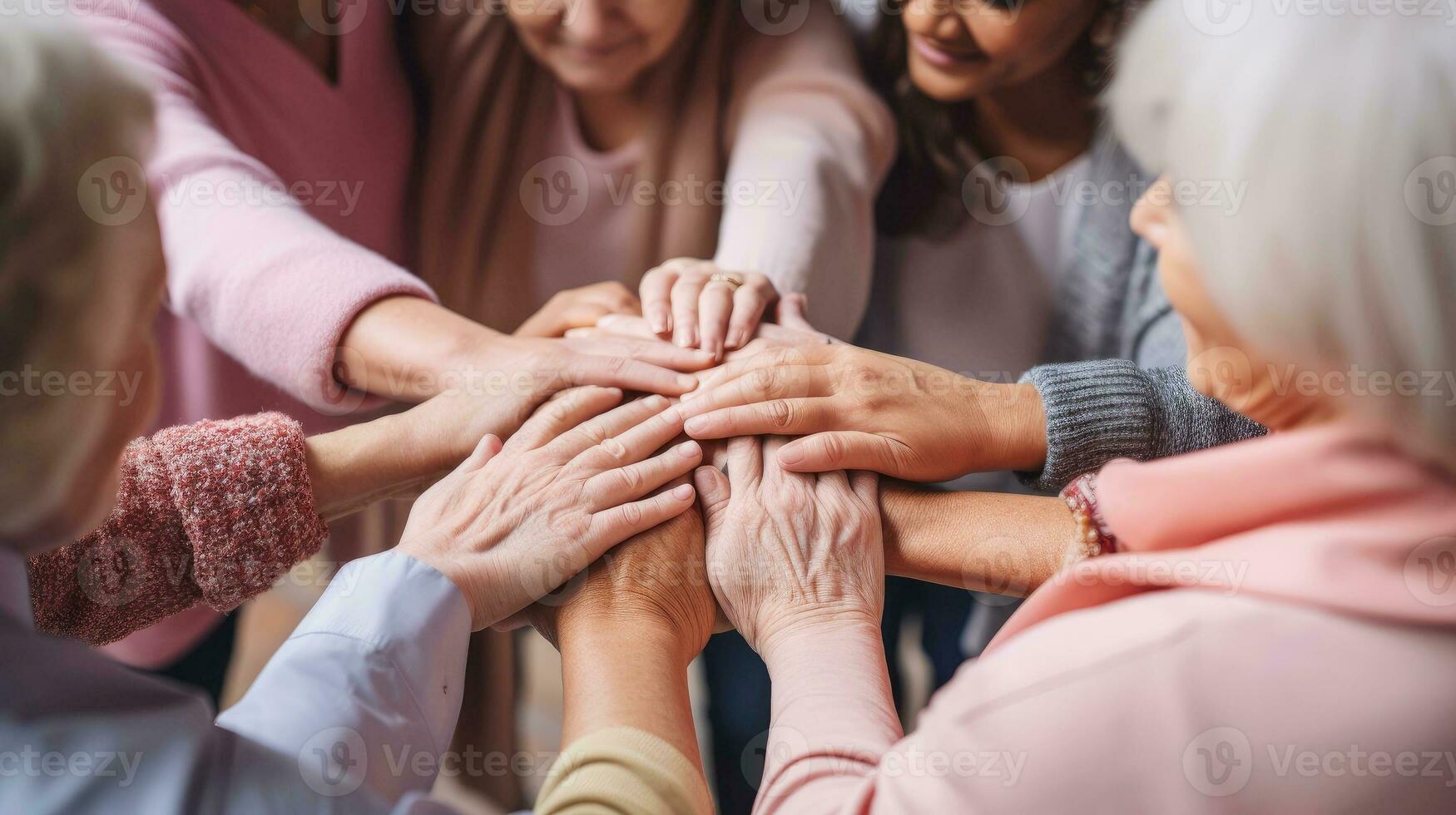Women join hands touching for encouragingly to each other for stronger with love and tender, Day for the Elimination of Violence Against Women concept, Generative AI illustration photo