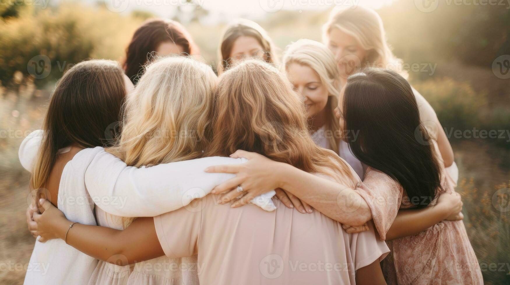 Group of women hugging themselves with love and care as a family, Day for the Elimination of Violence Against Women concept, Generative AI illustration photo