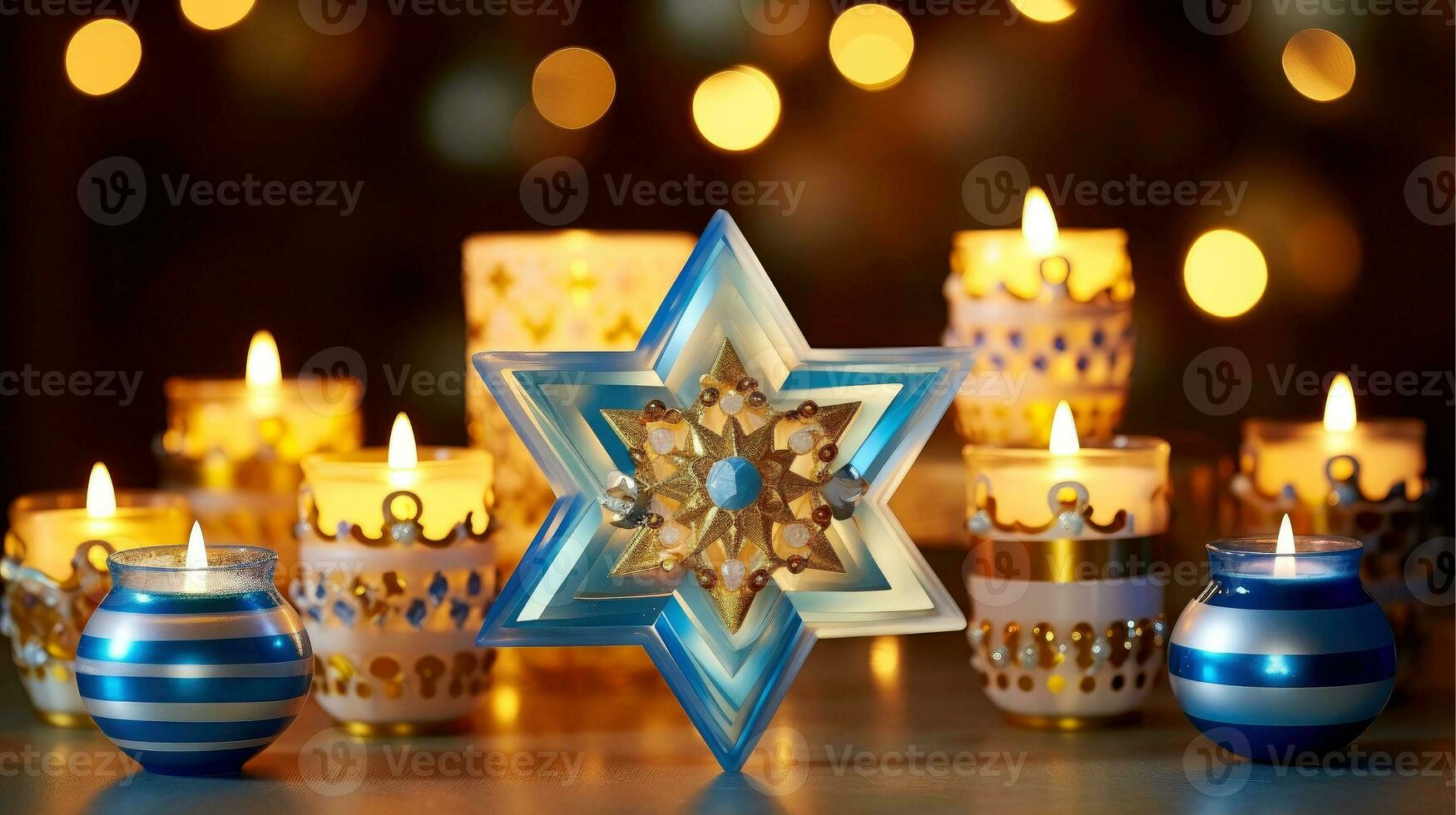 Hanukkah festive celebration concept, glow of the menorah with shining candles and star, Generative AI illustration photo