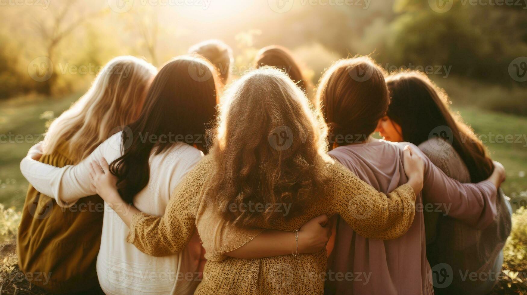 Group of women hugging themselves with love and care as a family, Day for the Elimination of Violence Against Women concept, Generative AI illustration photo