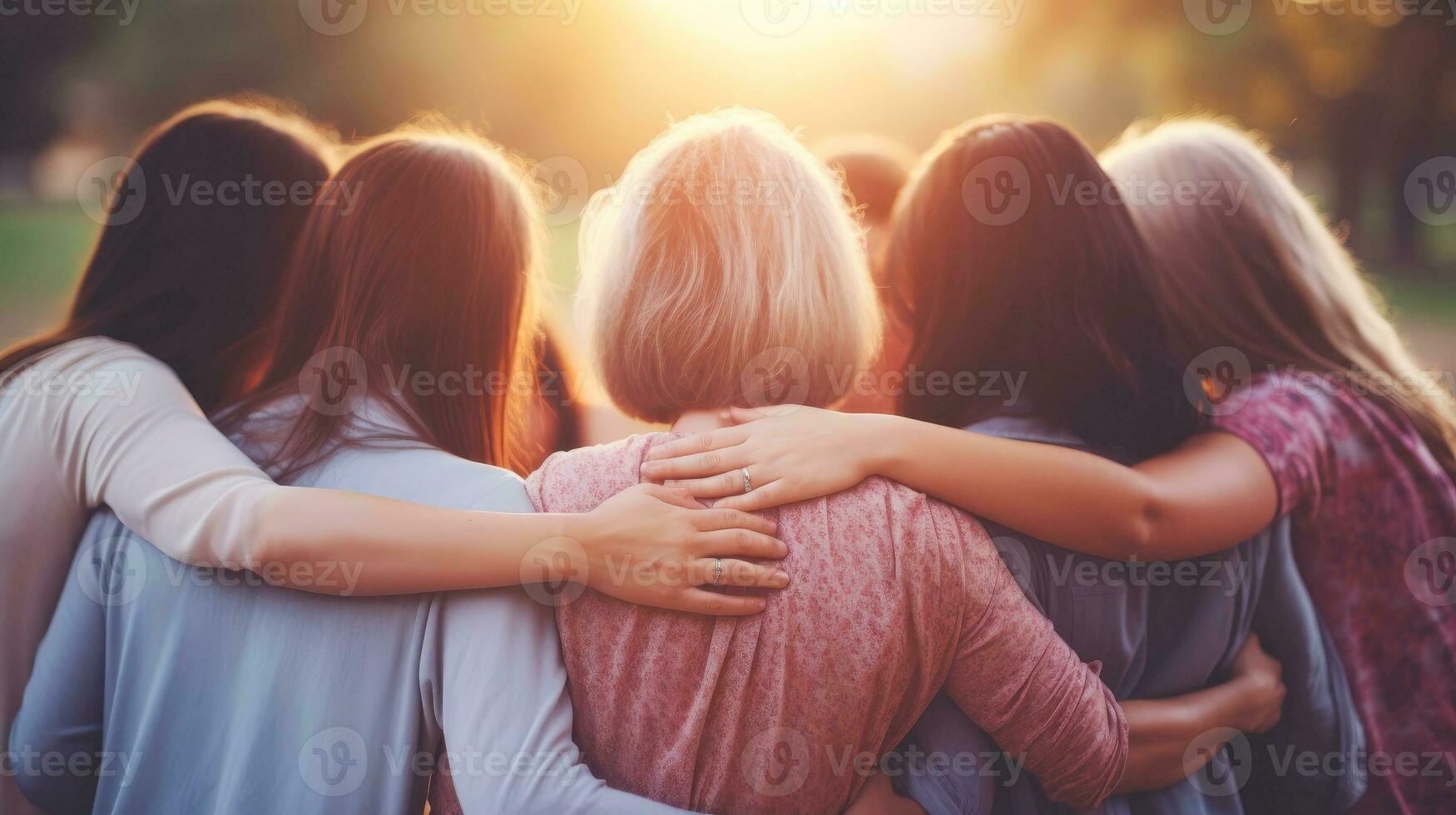 Group of women hugging themselves with love and care as a family, Day for the Elimination of Violence Against Women concept, Generative AI illustration photo