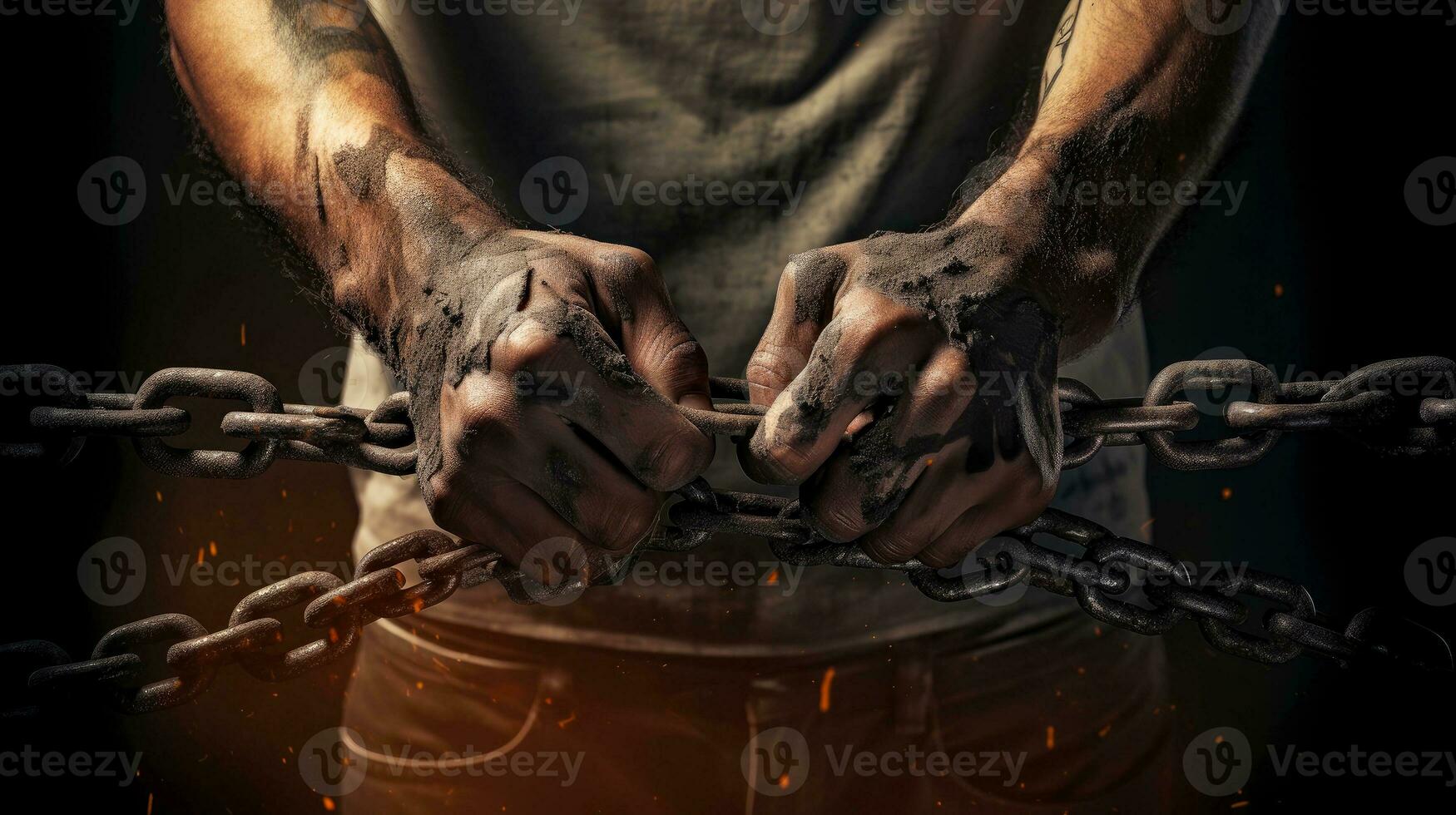 Men hands wrapped in a large iron chain, trying to break them, the concept of bondage, struggle, save space, Generative AI illustration photo