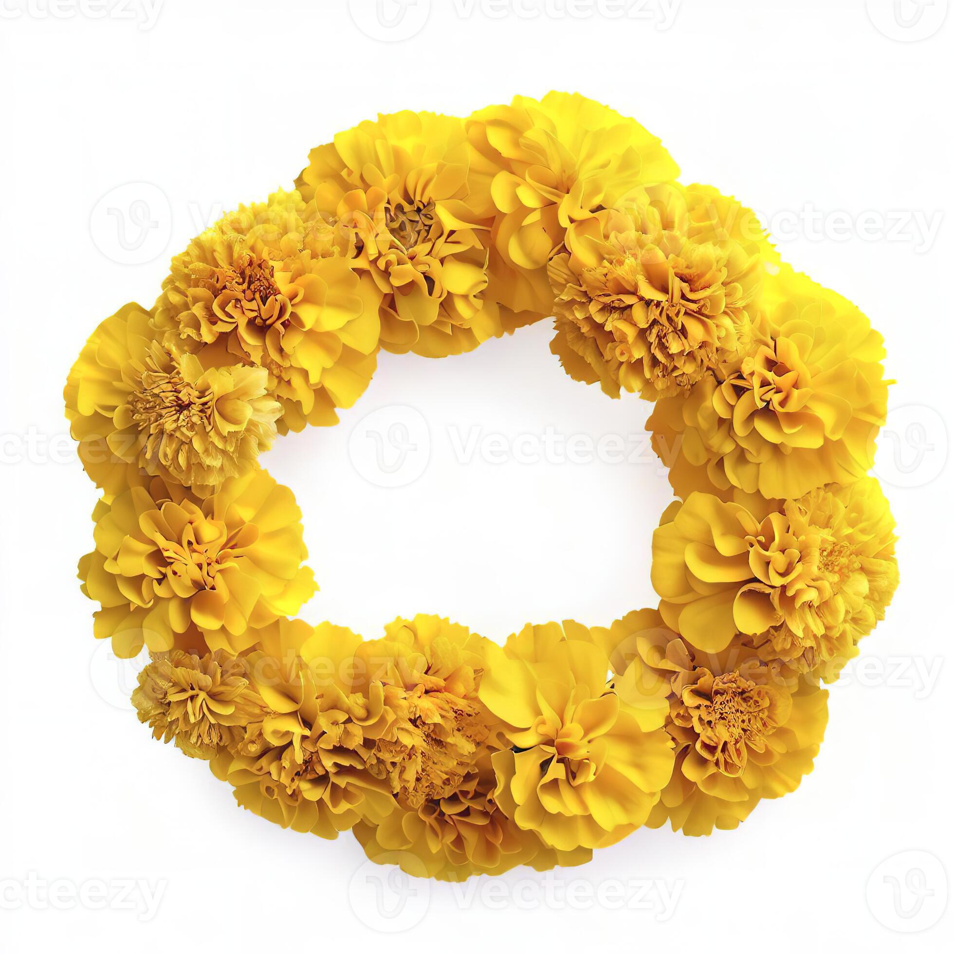 Yellow Marigold flowers wreath isolated on white background. AI