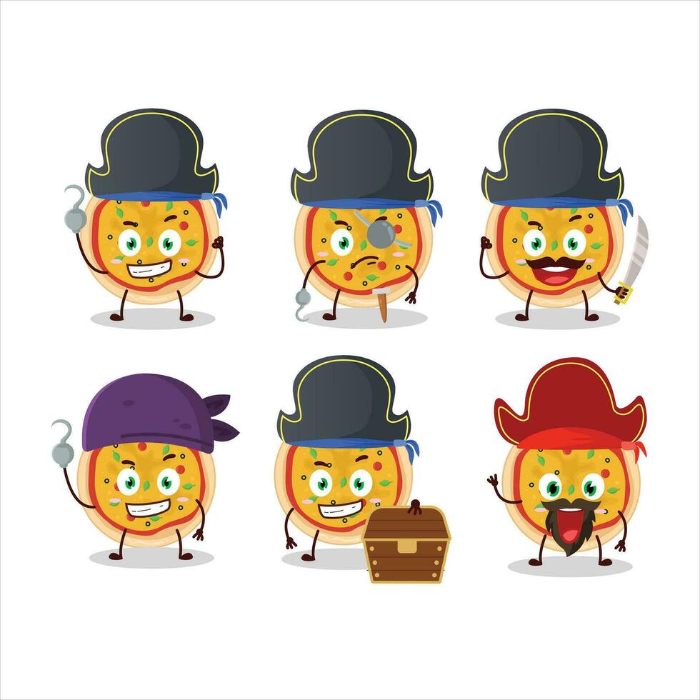 Cartoon character of greek pizza with various pirates emoticons vector