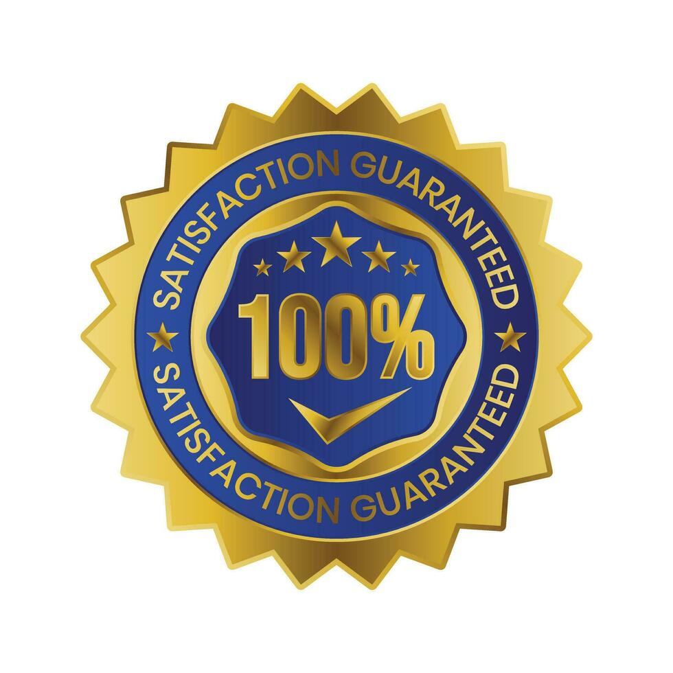 100 Percent Customer Satisfaction Guaranteed Badge, Label, Emblem, Rubber Stamp, 3D Realistic Glossy And Shiny Satisfaction Client Icon, Certified Quality Control Seal Satisfied Badge, Happy Customers vector