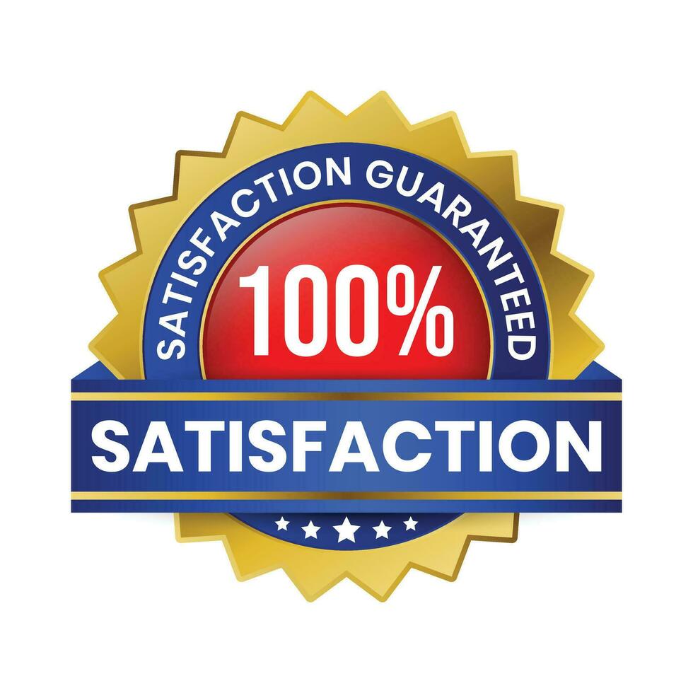100 Percent Customer Satisfaction Guaranteed Badge, Label, Emblem, Rubber Stamp, 3D Realistic Glossy And Shiny Satisfaction Client Icon, Certified Quality Control Seal Satisfied Badge, Happy Customers vector