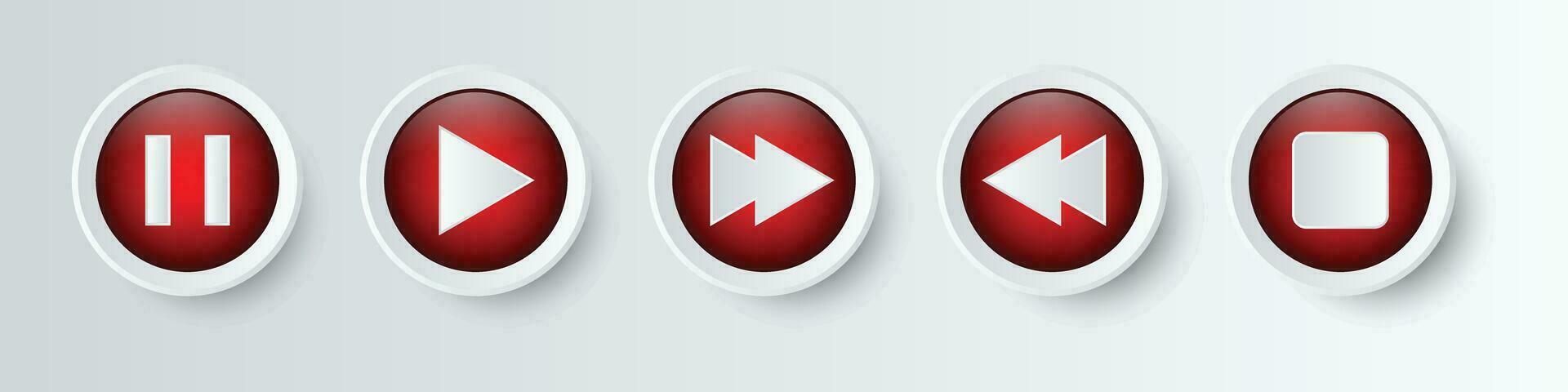 multimedia jugador íconos colocar, jugar botón, pausa botón, próximo, adelante, hacia atrás, detener, repetir botón con 3d lustroso realista circulo icono colección aislado en blanco antecedentes vector ilustración
